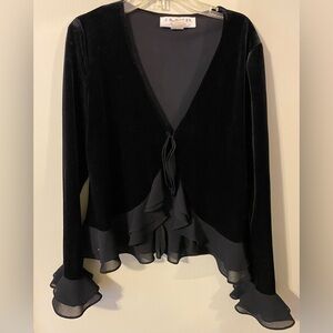 J.R. Nites by Caliendo Black Velvet Ruffle Trim Cardigan jacket size 8